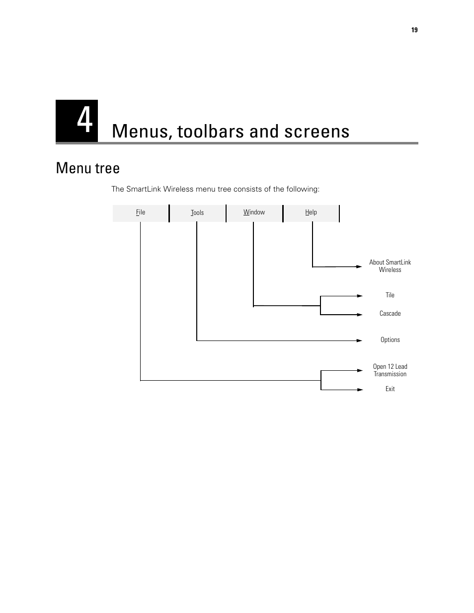 Menus, toolbars and screens, Menu tree, 4 - menus, toolbars and screens | Welch Allyn SmartLinkTM Wireless - User Manual User Manual | Page 23 / 42