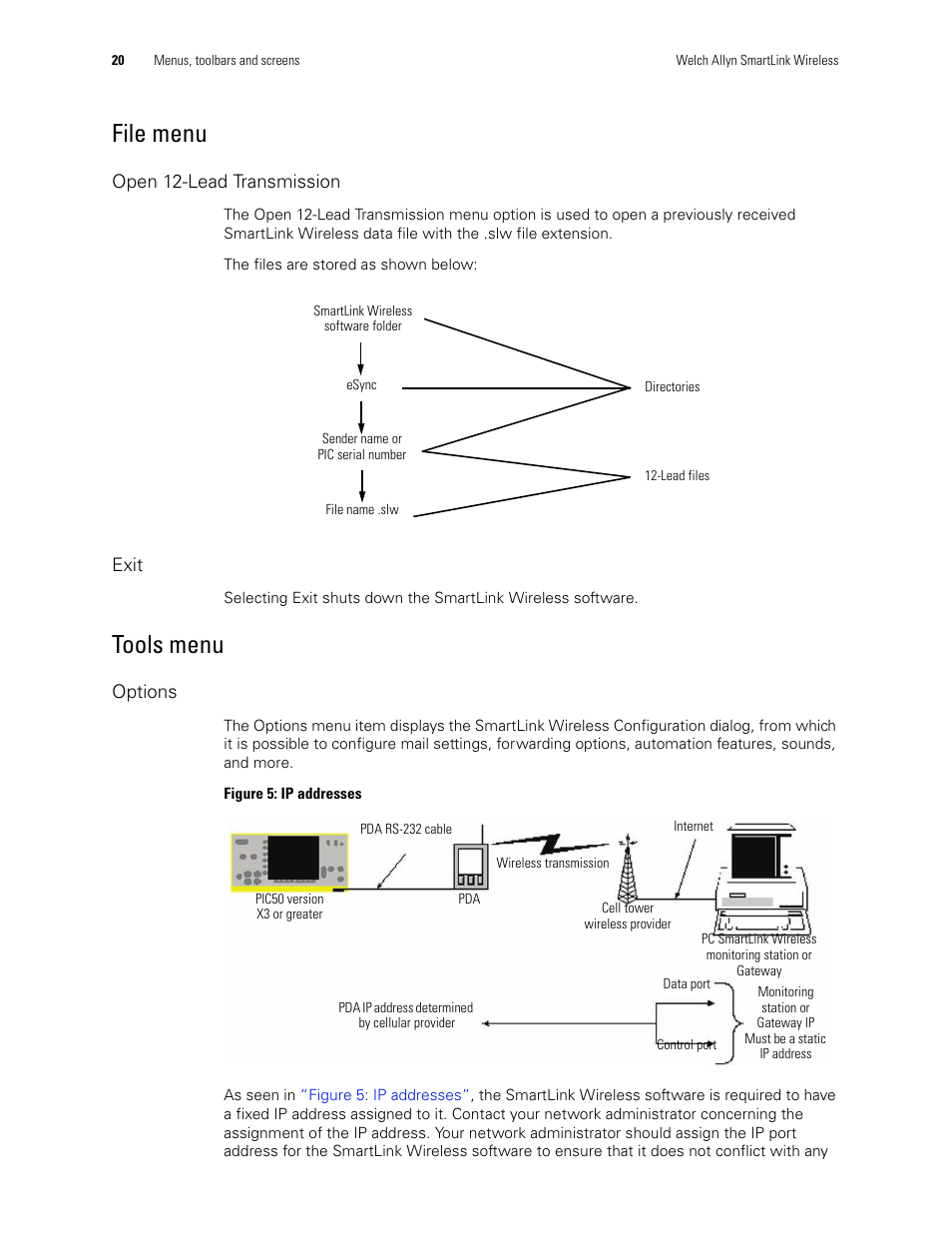 File menu, Tools menu | Welch Allyn SmartLinkTM Wireless - User Manual User Manual | Page 24 / 42