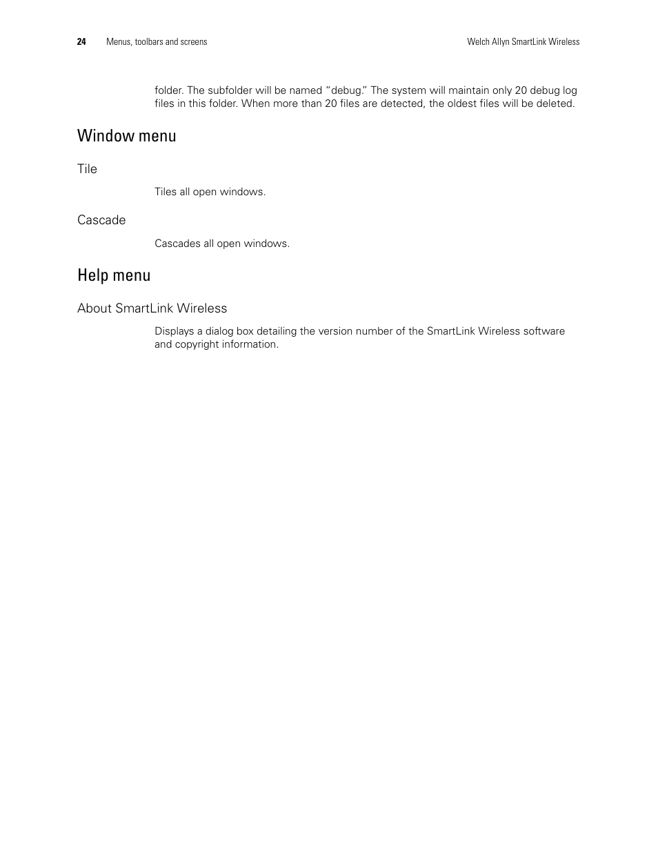 Window menu, Help menu | Welch Allyn SmartLinkTM Wireless - User Manual User Manual | Page 28 / 42