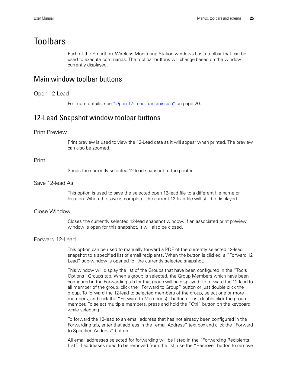 Toolbars, Main window toolbar buttons, Lead snapshot window toolbar buttons | Welch Allyn SmartLinkTM Wireless - User Manual User Manual | Page 29 / 42