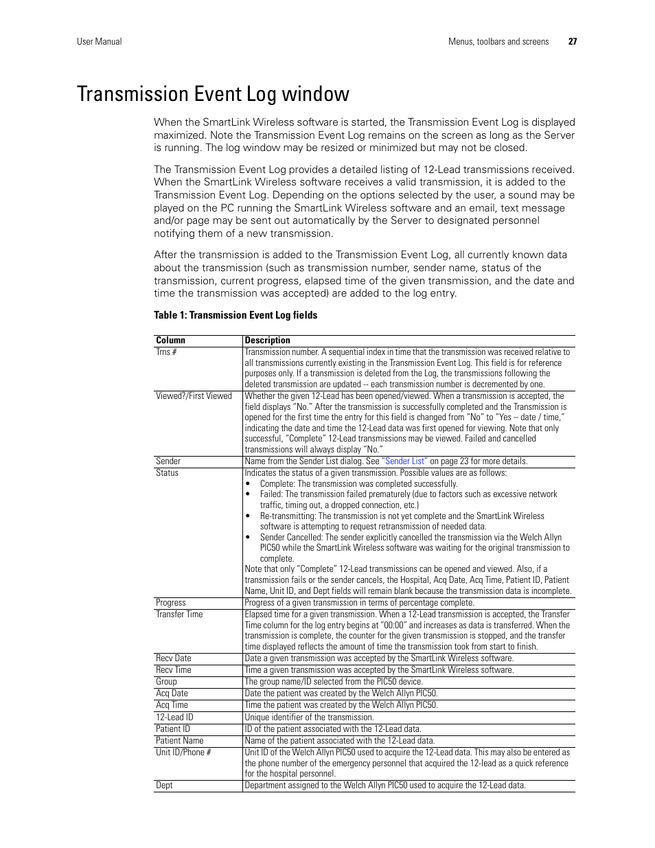 Transmission event log window | Welch Allyn SmartLinkTM Wireless - User Manual User Manual | Page 31 / 42