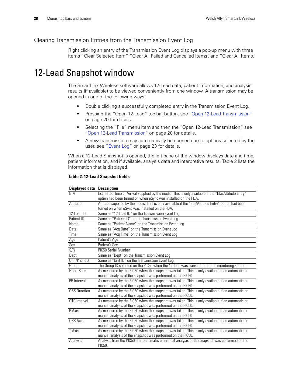 Lead snapshot window | Welch Allyn SmartLinkTM Wireless - User Manual User Manual | Page 32 / 42