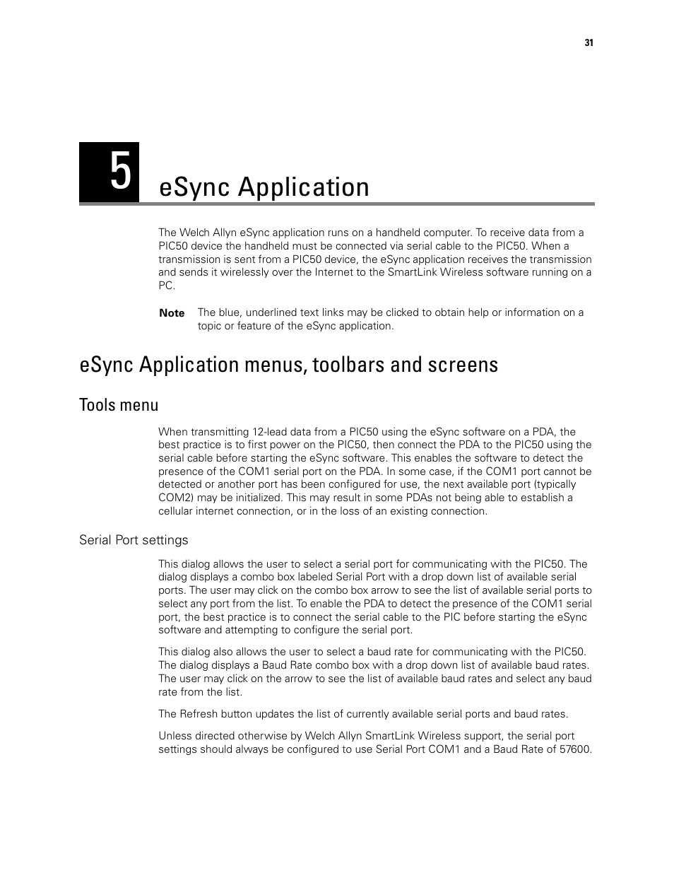 Esync application, Esync application menus, toolbars and screens, 5 - esync application | Welch Allyn SmartLinkTM Wireless - User Manual User Manual | Page 35 / 42