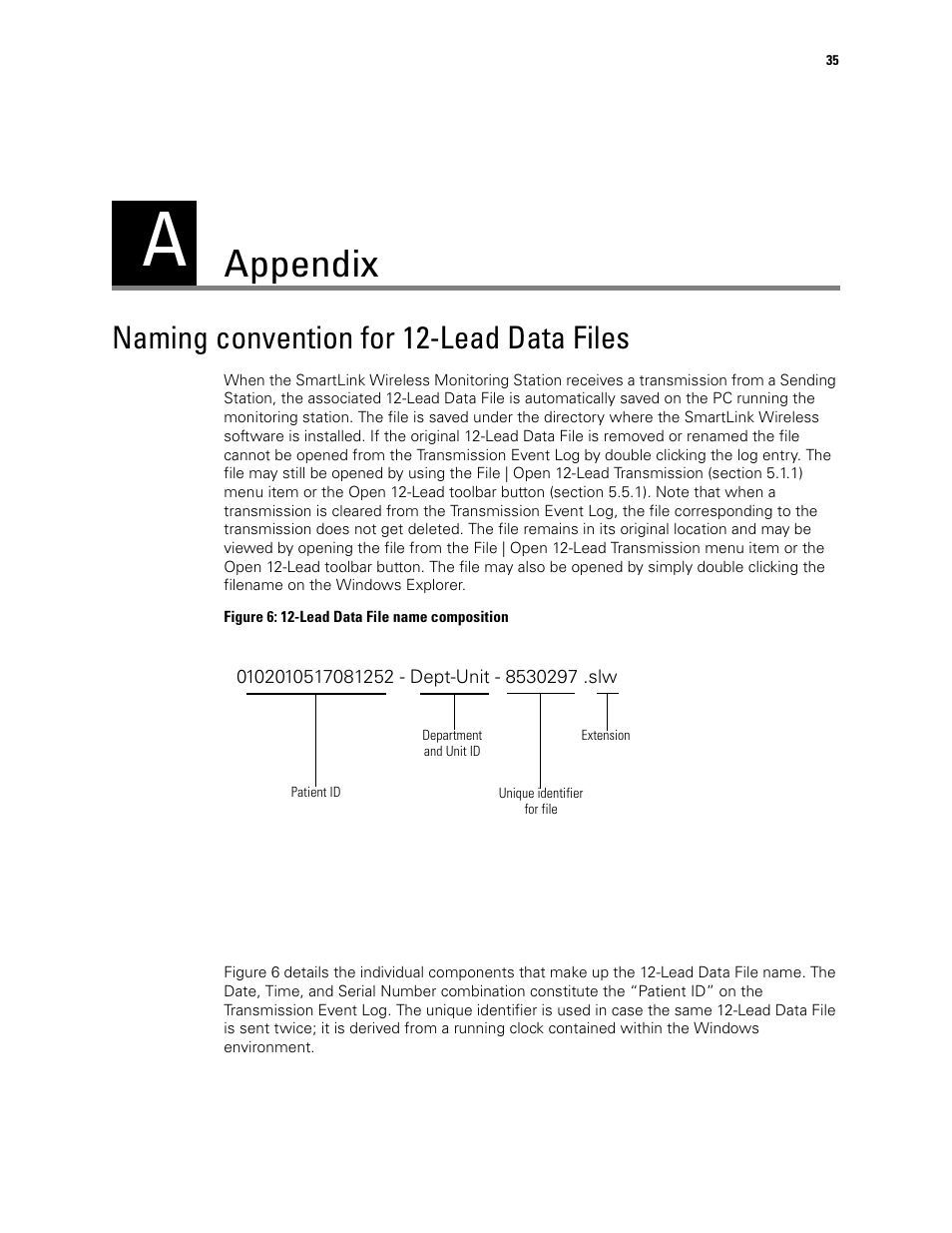 Appendix, A - appendix, Naming convention for 12-lead data files | Welch Allyn SmartLinkTM Wireless - User Manual User Manual | Page 39 / 42