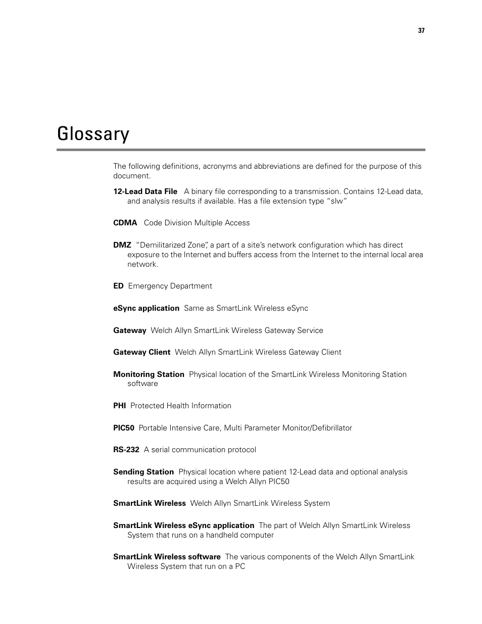 Glossary | Welch Allyn SmartLinkTM Wireless - User Manual User Manual | Page 41 / 42