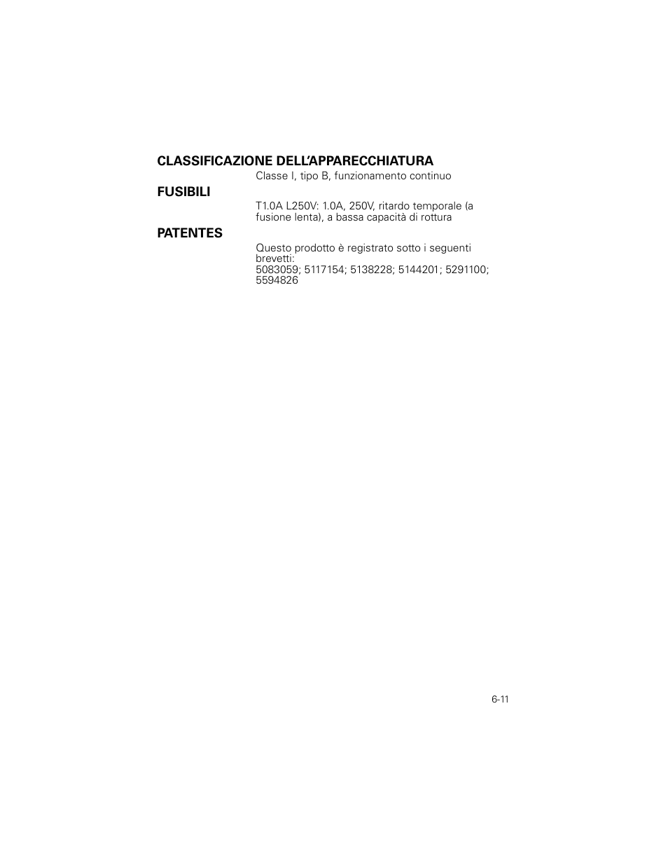 Classificazione dell’apparecchiatura, Fusibili, Patentes | Welch Allyn Stryker Light Source For Q2002-00, Q2002-02, Q2002-04, Q2002-06 - User Manual User Manual | Page 105 / 160