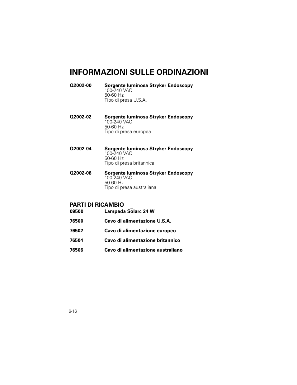 Informazioni sulle ordinazioni, Parti di ricambio | Welch Allyn Stryker Light Source For Q2002-00, Q2002-02, Q2002-04, Q2002-06 - User Manual User Manual | Page 110 / 160