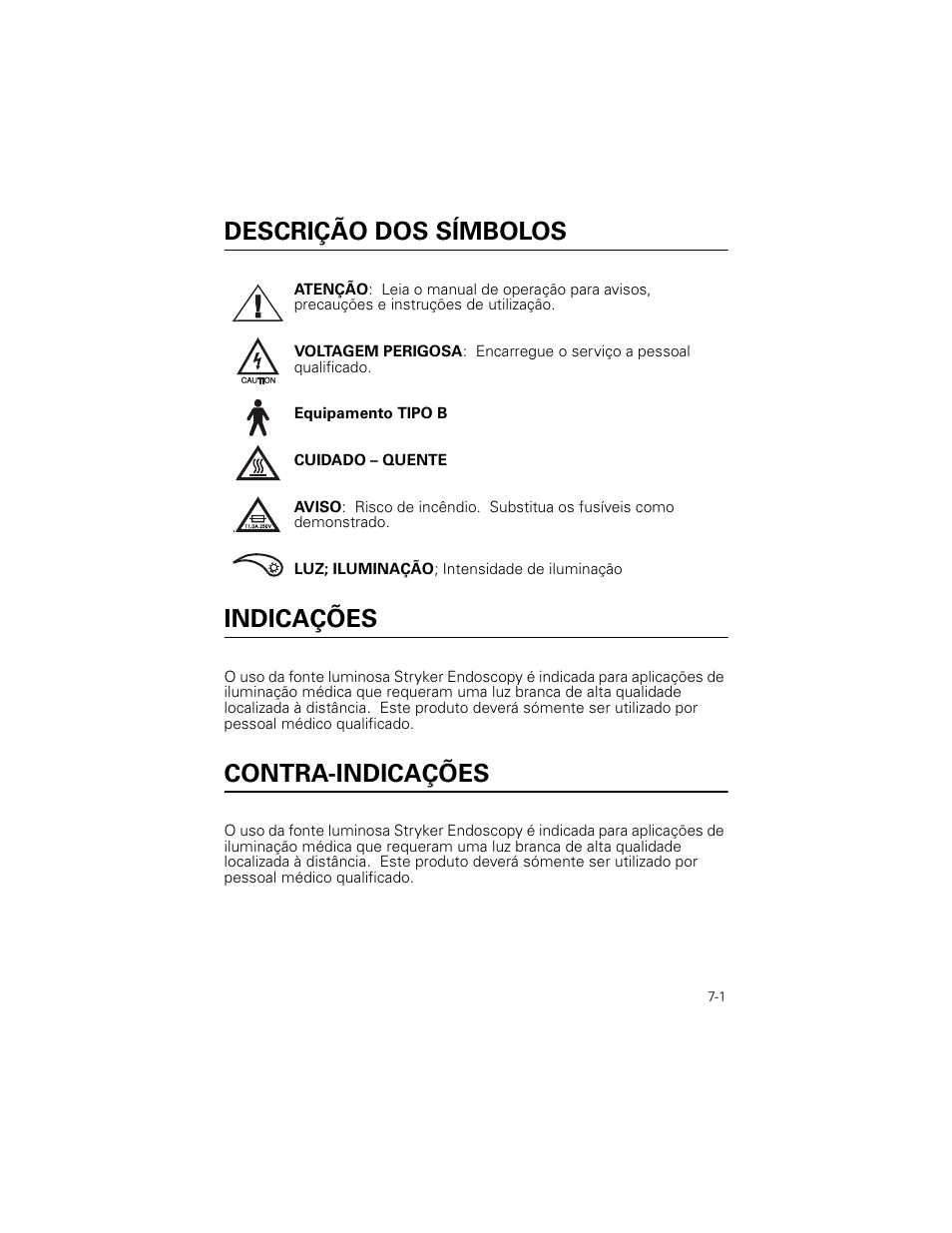 Descrição dos símbolos, Indicações, Contra-indicações | Welch Allyn Stryker Light Source For Q2002-00, Q2002-02, Q2002-04, Q2002-06 - User Manual User Manual | Page 113 / 160