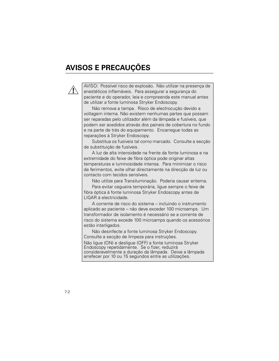 Avisos e precauções | Welch Allyn Stryker Light Source For Q2002-00, Q2002-02, Q2002-04, Q2002-06 - User Manual User Manual | Page 114 / 160