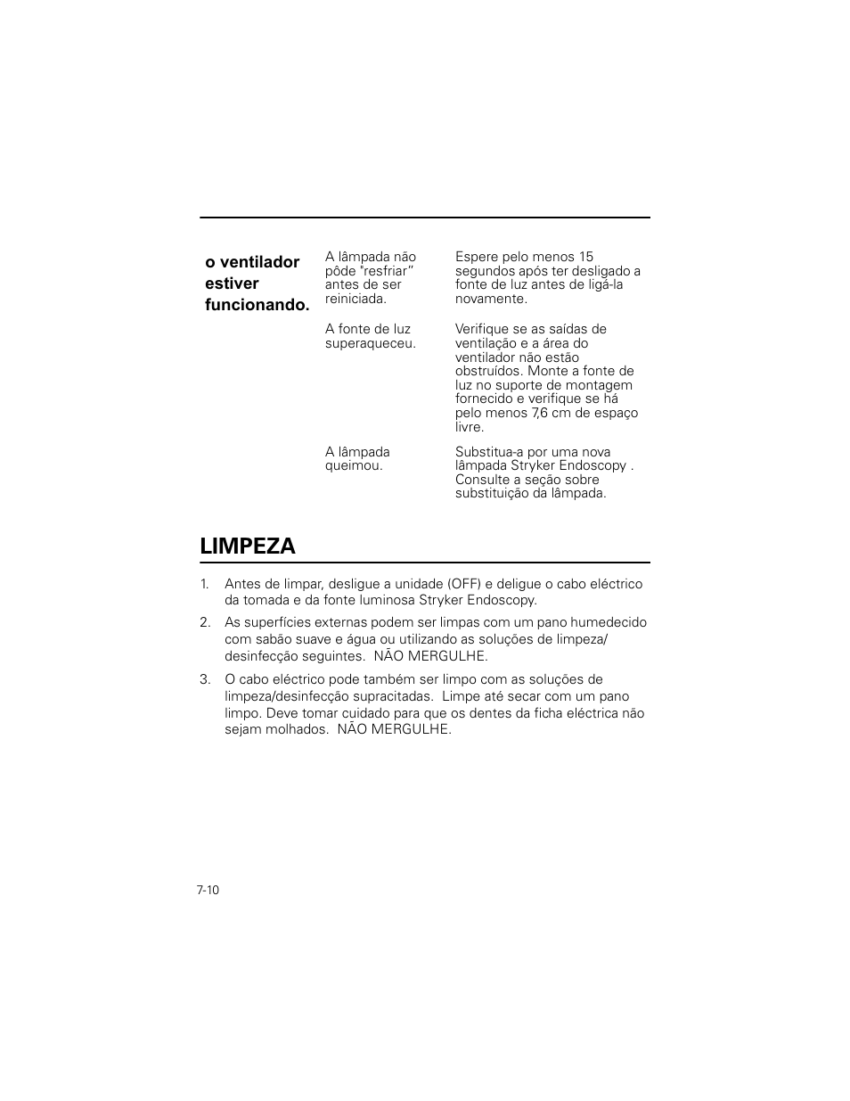 Limpeza | Welch Allyn Stryker Light Source For Q2002-00, Q2002-02, Q2002-04, Q2002-06 - User Manual User Manual | Page 122 / 160