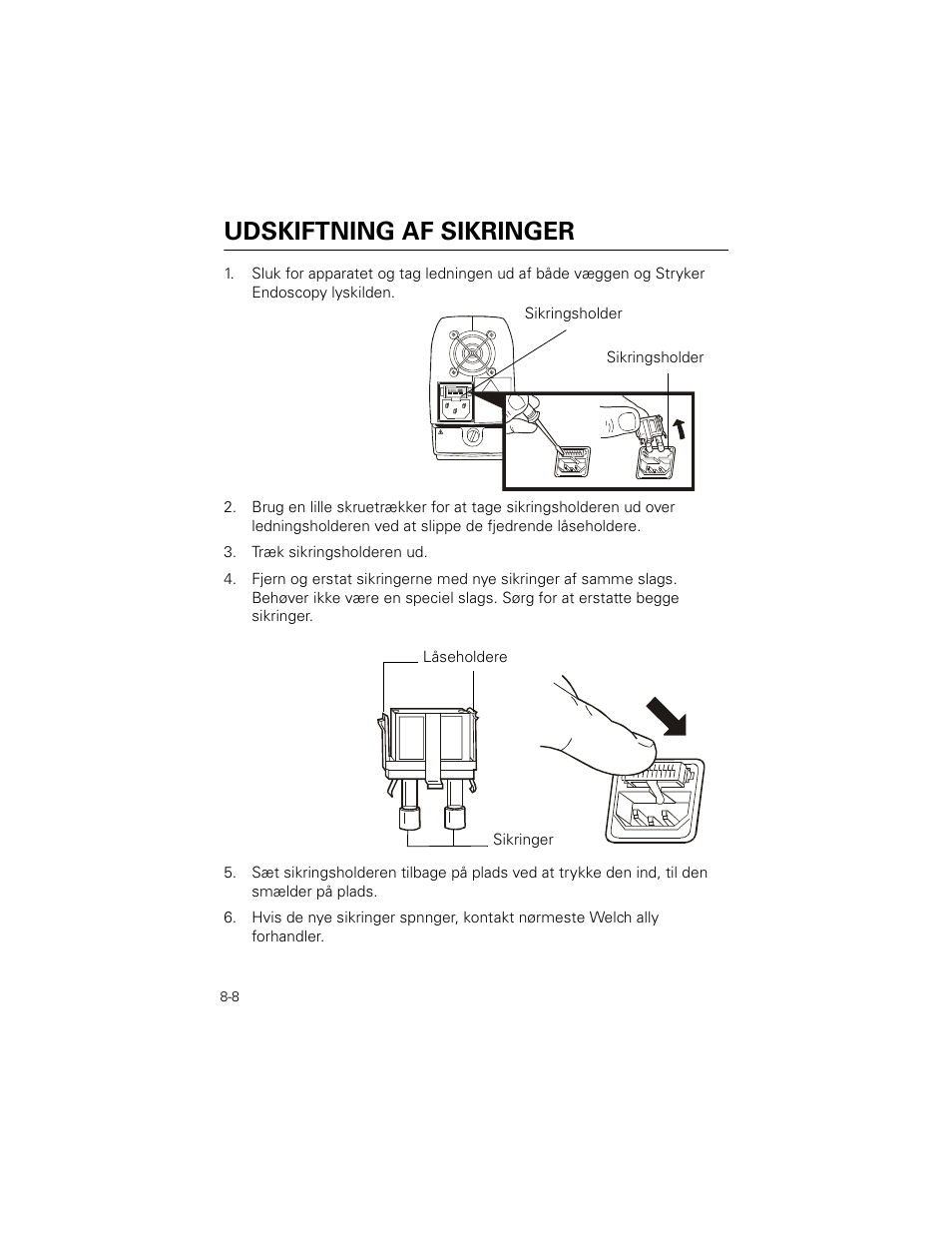 Udskiftning af sikringer, Træk sikringsholderen ud | Welch Allyn Stryker Light Source For Q2002-00, Q2002-02, Q2002-04, Q2002-06 - User Manual User Manual | Page 136 / 160