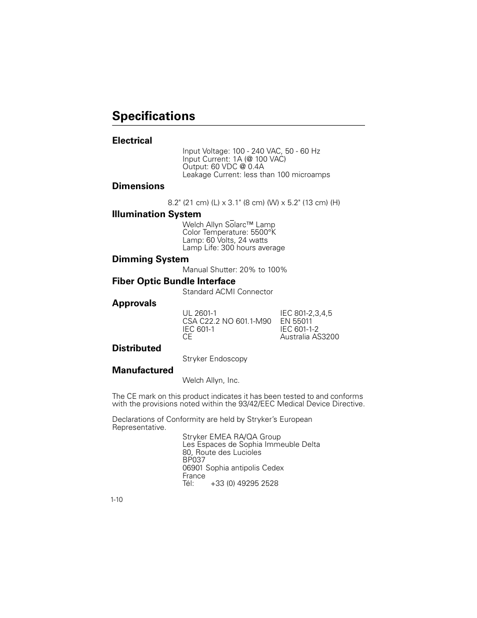 Specifications, Electrical, Dimensions | Illumination system, Dimming system, Fiber optic bundle interface, Approvals, Distributed, Manufactured | Welch Allyn Stryker Light Source For Q2002-00, Q2002-02, Q2002-04, Q2002-06 - User Manual User Manual | Page 14 / 160