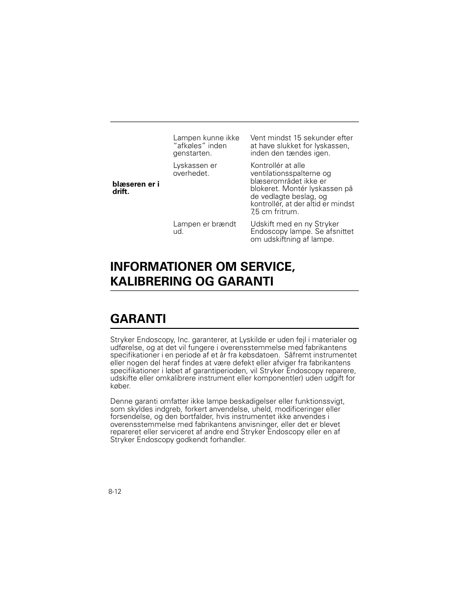 Informationer om service, kalibrering og garanti, Garanti | Welch Allyn Stryker Light Source For Q2002-00, Q2002-02, Q2002-04, Q2002-06 - User Manual User Manual | Page 140 / 160