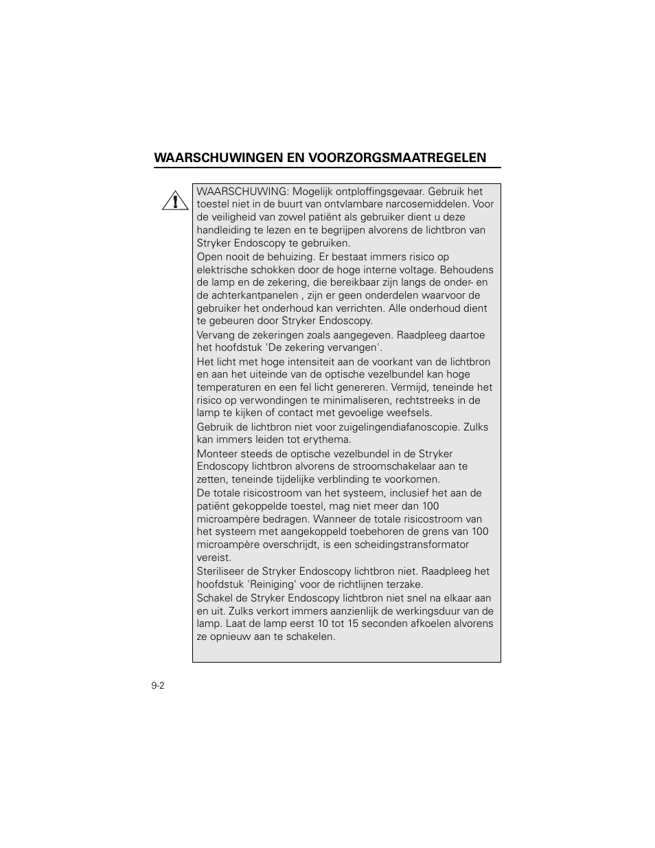 Waarschuwingen en voorzorgsmaatregelen | Welch Allyn Stryker Light Source For Q2002-00, Q2002-02, Q2002-04, Q2002-06 - User Manual User Manual | Page 146 / 160