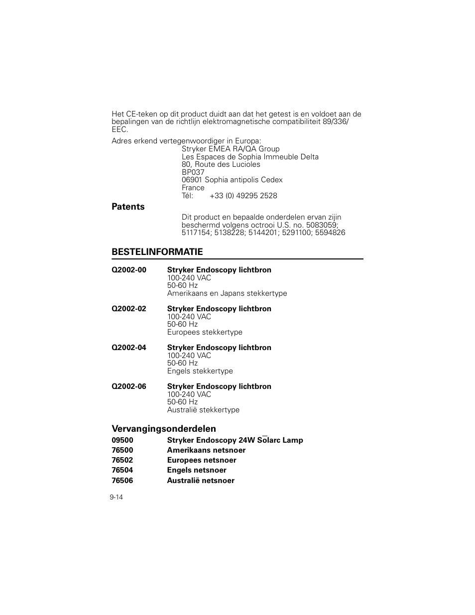 Patents, Bestelinformatie, Vervangingsonderdelen | Welch Allyn Stryker Light Source For Q2002-00, Q2002-02, Q2002-04, Q2002-06 - User Manual User Manual | Page 158 / 160