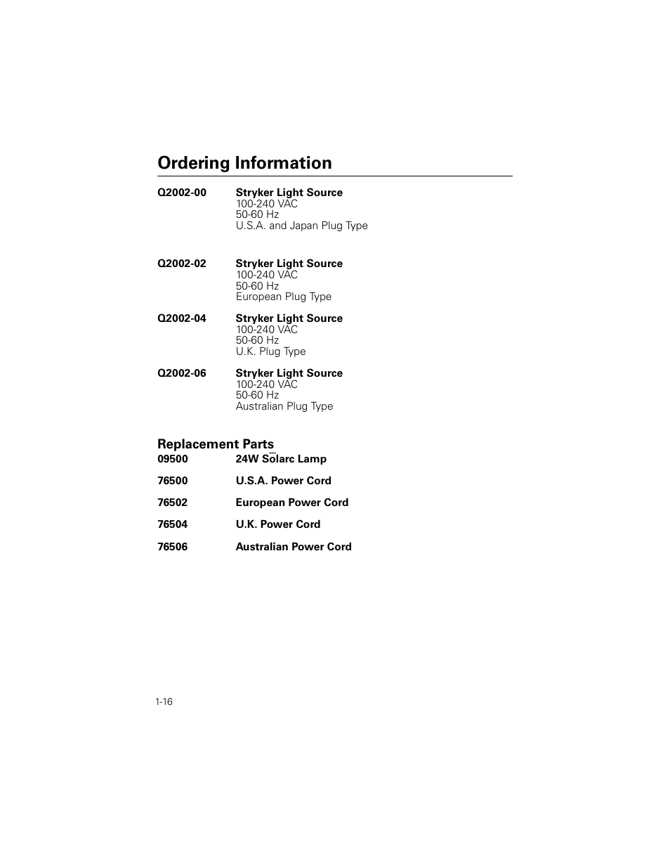 Ordering information, Replacement parts | Welch Allyn Stryker Light Source For Q2002-00, Q2002-02, Q2002-04, Q2002-06 - User Manual User Manual | Page 20 / 160