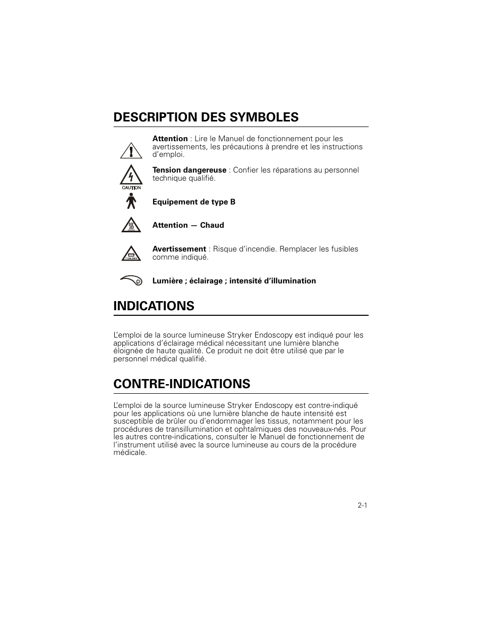 Description des symboles, Indications, Contre-indications | Welch Allyn Stryker Light Source For Q2002-00, Q2002-02, Q2002-04, Q2002-06 - User Manual User Manual | Page 23 / 160