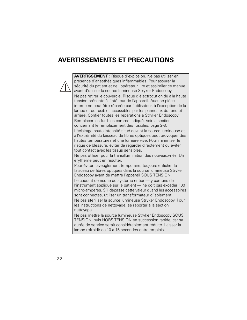 Avertissements et precautions | Welch Allyn Stryker Light Source For Q2002-00, Q2002-02, Q2002-04, Q2002-06 - User Manual User Manual | Page 24 / 160