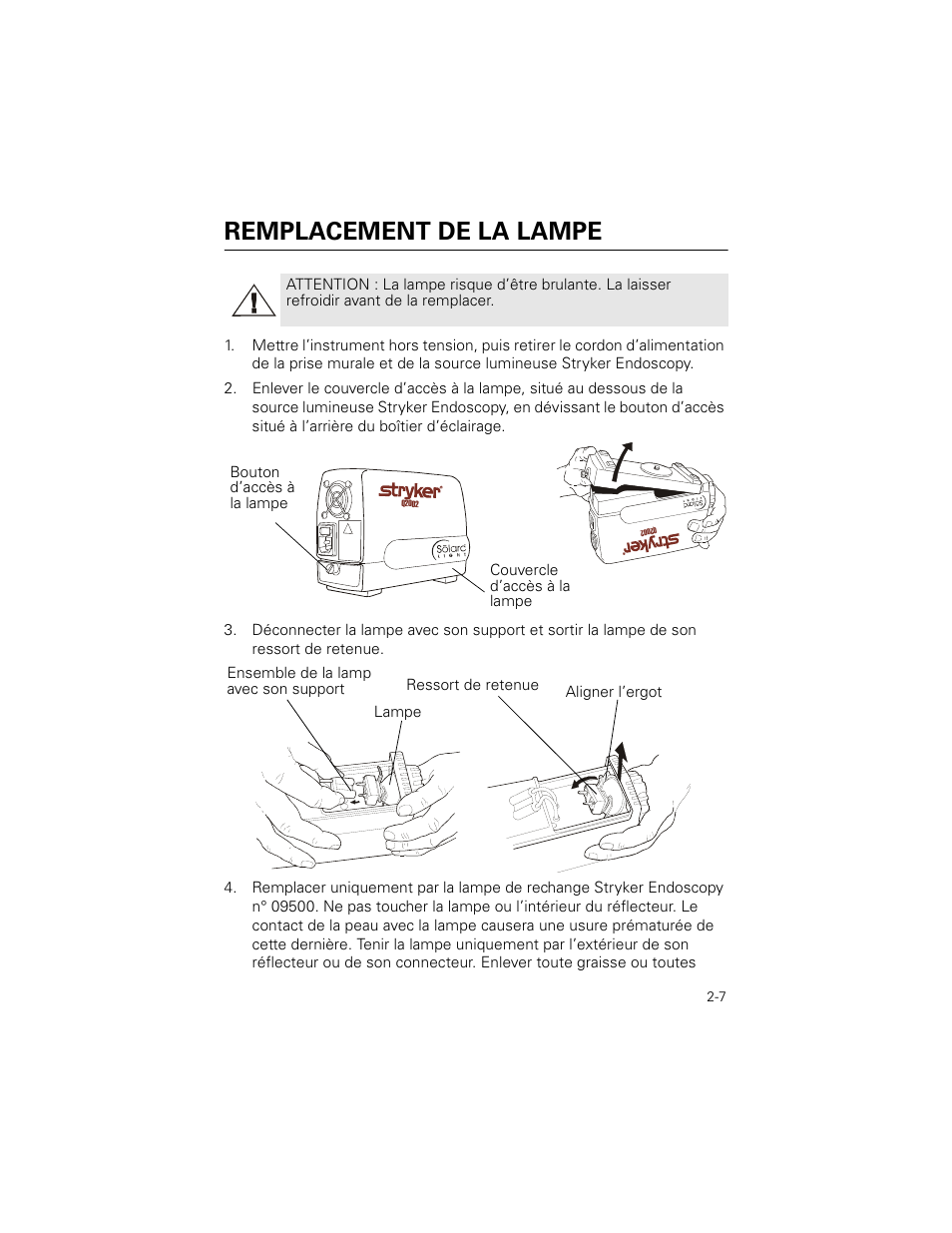 Remplacement de la lampe | Welch Allyn Stryker Light Source For Q2002-00, Q2002-02, Q2002-04, Q2002-06 - User Manual User Manual | Page 29 / 160