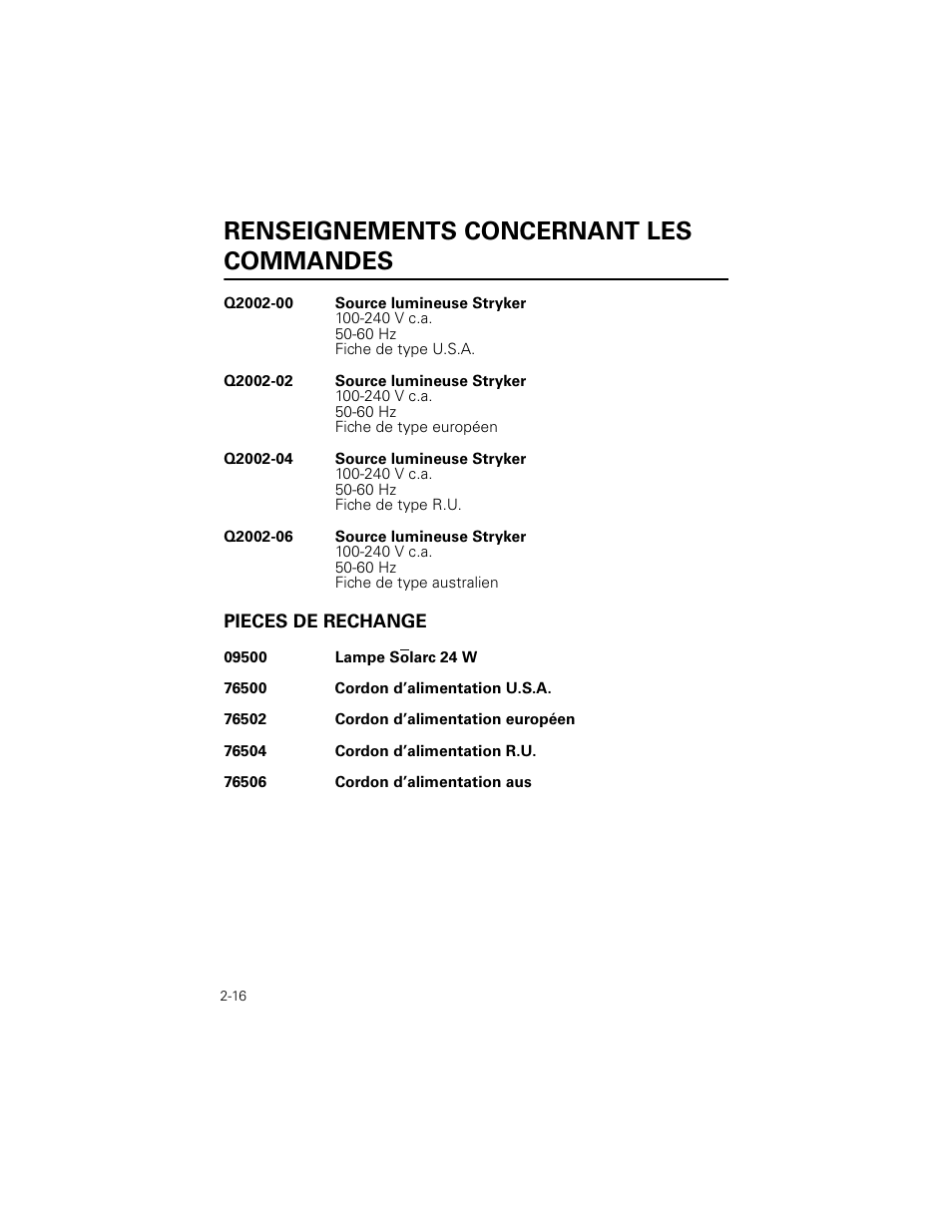 Renseignements concernant les commandes, Pieces de rechange | Welch Allyn Stryker Light Source For Q2002-00, Q2002-02, Q2002-04, Q2002-06 - User Manual User Manual | Page 38 / 160