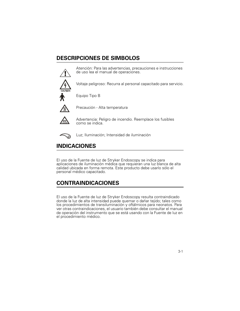 Descripciones de simbolos, Indicaciones, Contraindicaciones | Welch Allyn Stryker Light Source For Q2002-00, Q2002-02, Q2002-04, Q2002-06 - User Manual User Manual | Page 41 / 160