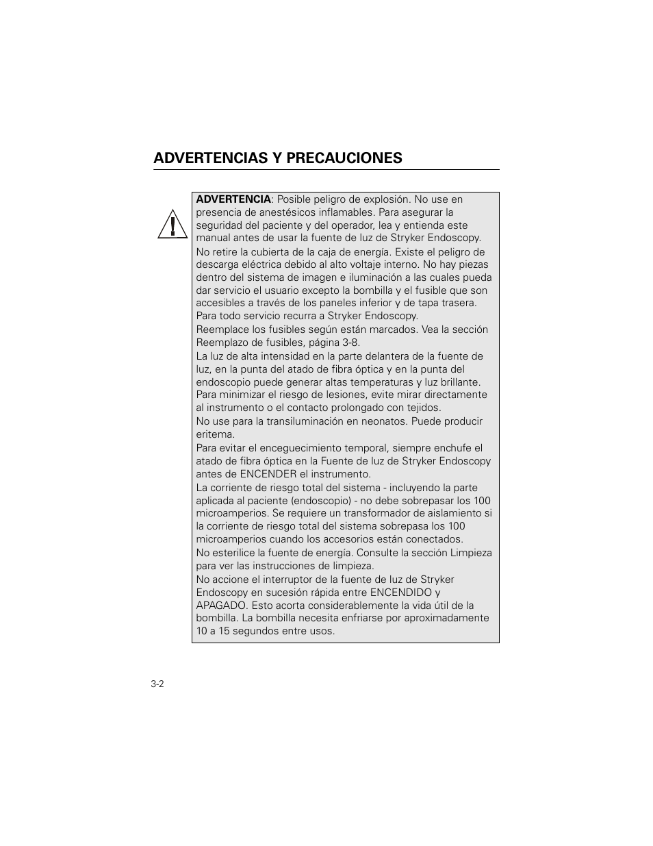 Advertencias y precauciones | Welch Allyn Stryker Light Source For Q2002-00, Q2002-02, Q2002-04, Q2002-06 - User Manual User Manual | Page 42 / 160