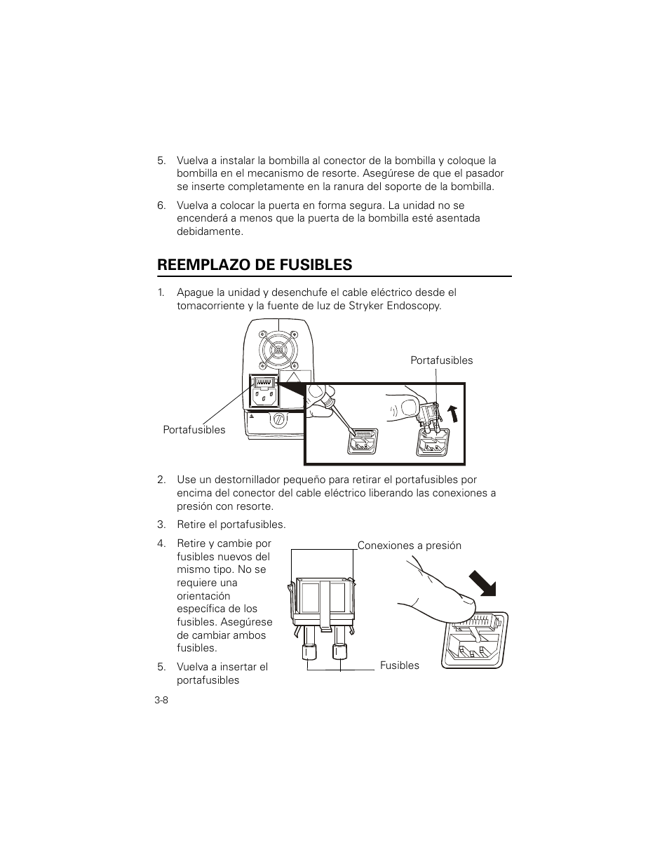 Reemplazo de fusibles, Retire el portafusibles | Welch Allyn Stryker Light Source For Q2002-00, Q2002-02, Q2002-04, Q2002-06 - User Manual User Manual | Page 48 / 160