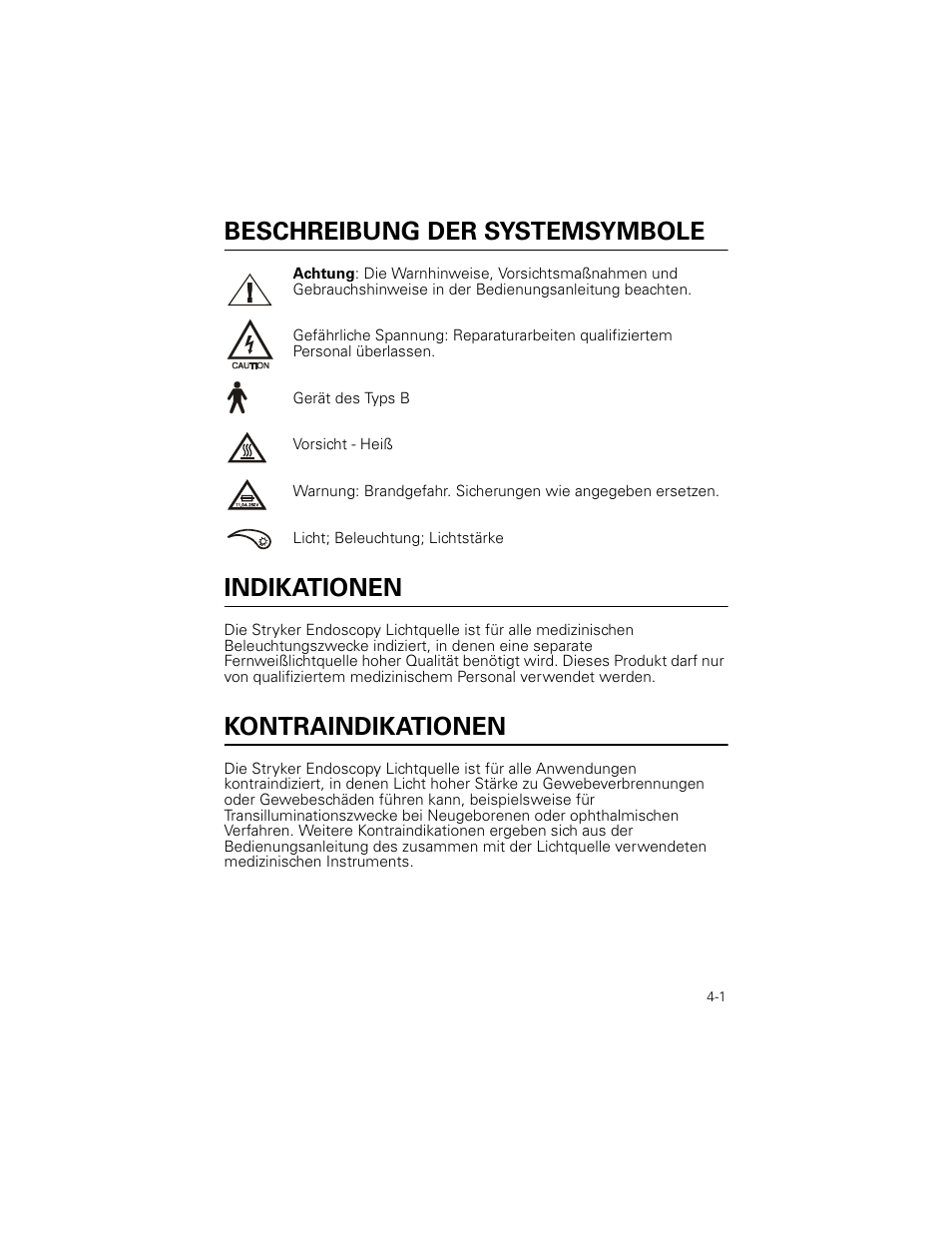 Beschreibung der systemsymbole, Indikationen, Kontraindikationen | Welch Allyn Stryker Light Source For Q2002-00, Q2002-02, Q2002-04, Q2002-06 - User Manual User Manual | Page 59 / 160