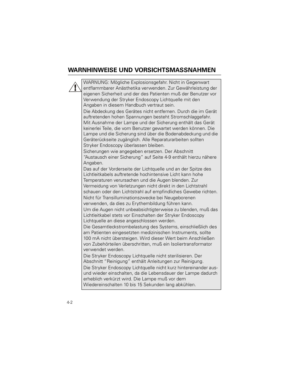 Warnhinweise und vorsichtsmassnahmen | Welch Allyn Stryker Light Source For Q2002-00, Q2002-02, Q2002-04, Q2002-06 - User Manual User Manual | Page 60 / 160