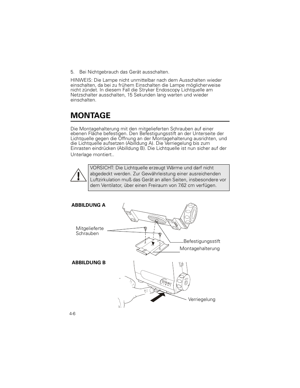 Bei nichtgebrauch das gerät ausschalten, Montage | Welch Allyn Stryker Light Source For Q2002-00, Q2002-02, Q2002-04, Q2002-06 - User Manual User Manual | Page 64 / 160