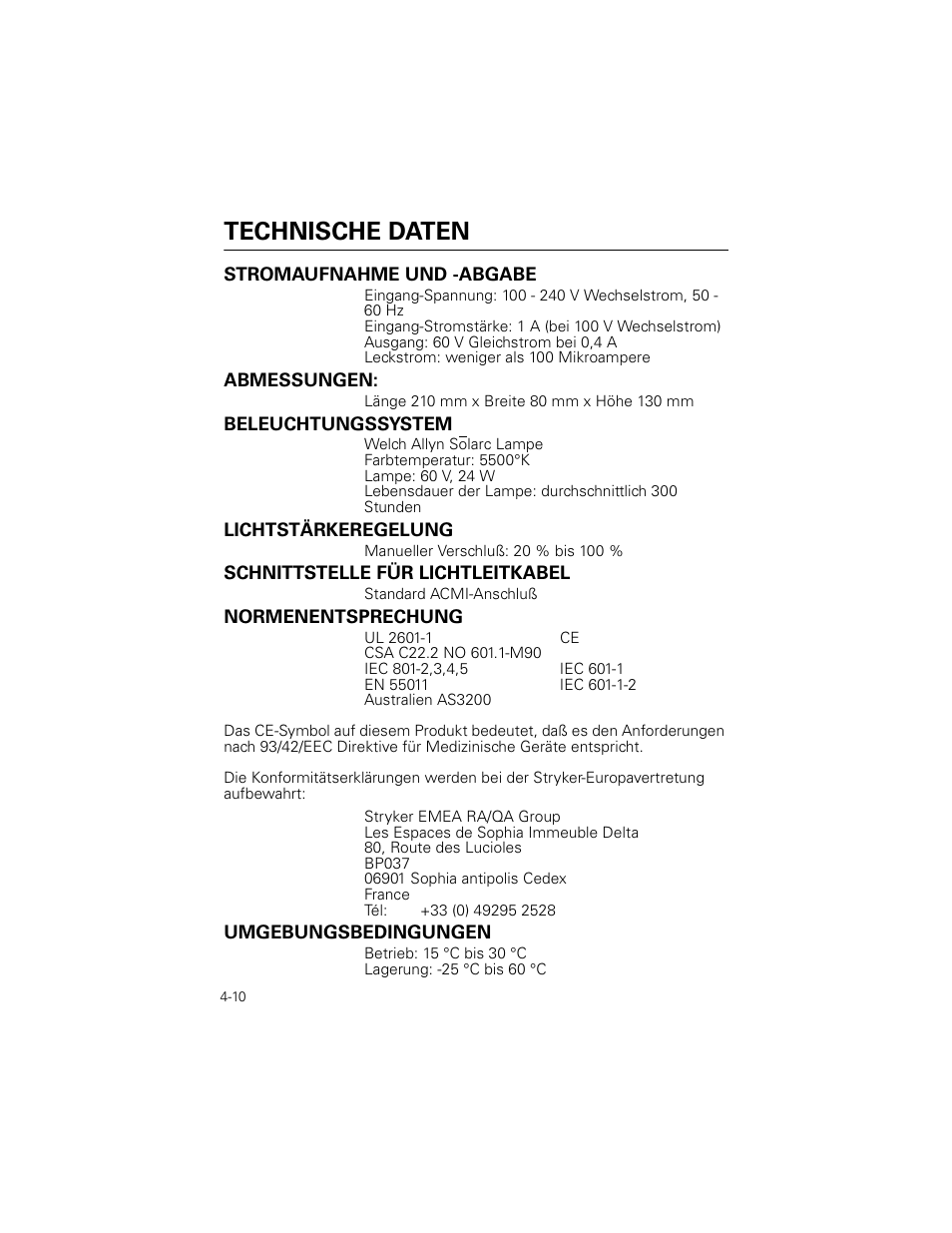 Technische daten, Stromaufnahme und -abgabe, Abmessungen | Beleuchtungssystem, Lichtstärkeregelung, Schnittstelle für lichtleitkabel, Normenentsprechung, Umgebungsbedingungen | Welch Allyn Stryker Light Source For Q2002-00, Q2002-02, Q2002-04, Q2002-06 - User Manual User Manual | Page 68 / 160