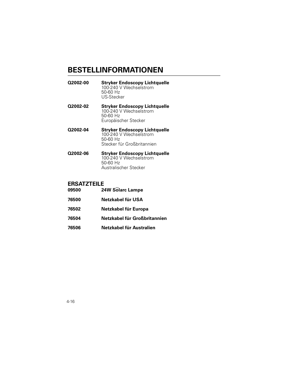 Bestellinformationen, Ersatzteile | Welch Allyn Stryker Light Source For Q2002-00, Q2002-02, Q2002-04, Q2002-06 - User Manual User Manual | Page 74 / 160