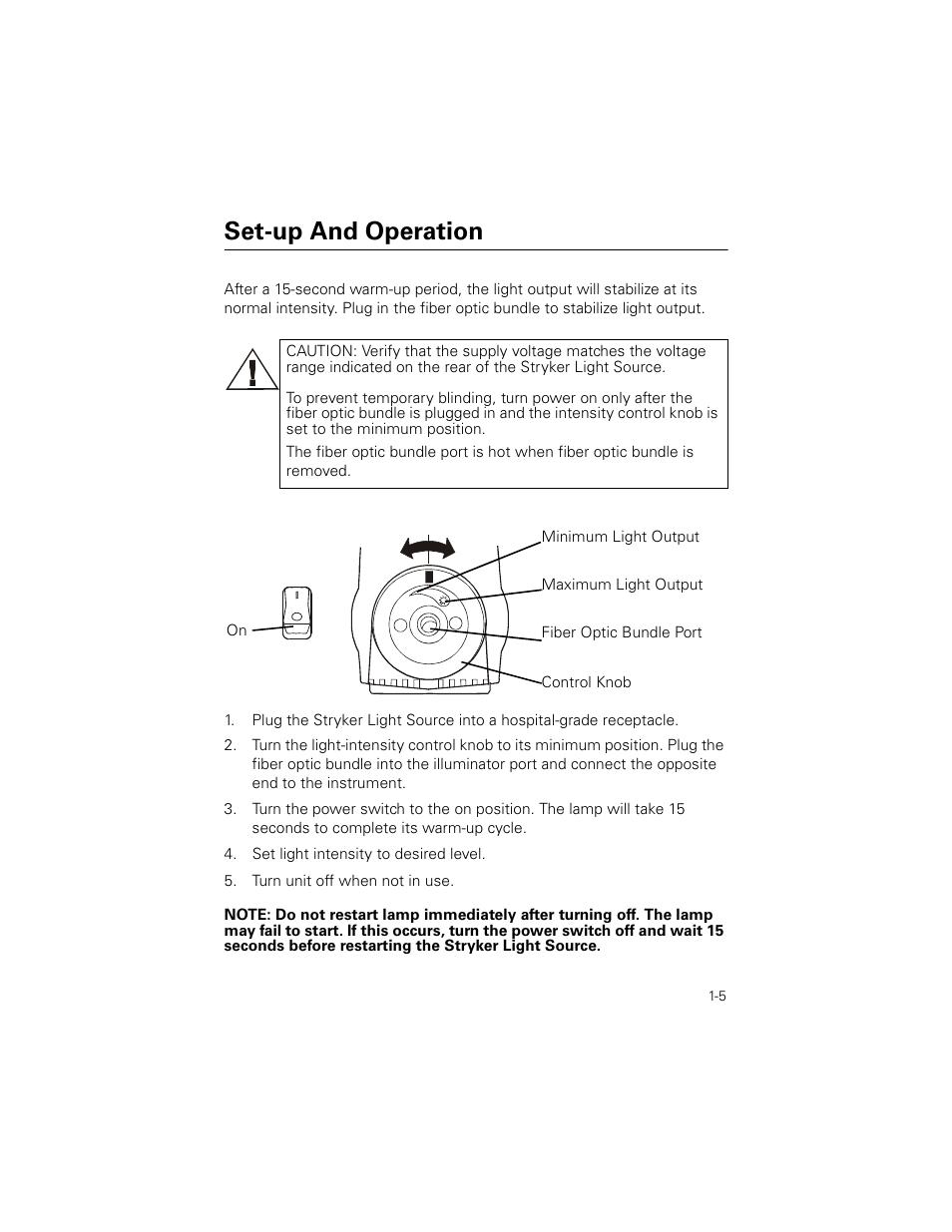 Set-up and operation, Set light intensity to desired level, Turn unit off when not in use | Welch Allyn Stryker Light Source For Q2002-00, Q2002-02, Q2002-04, Q2002-06 - User Manual User Manual | Page 9 / 160