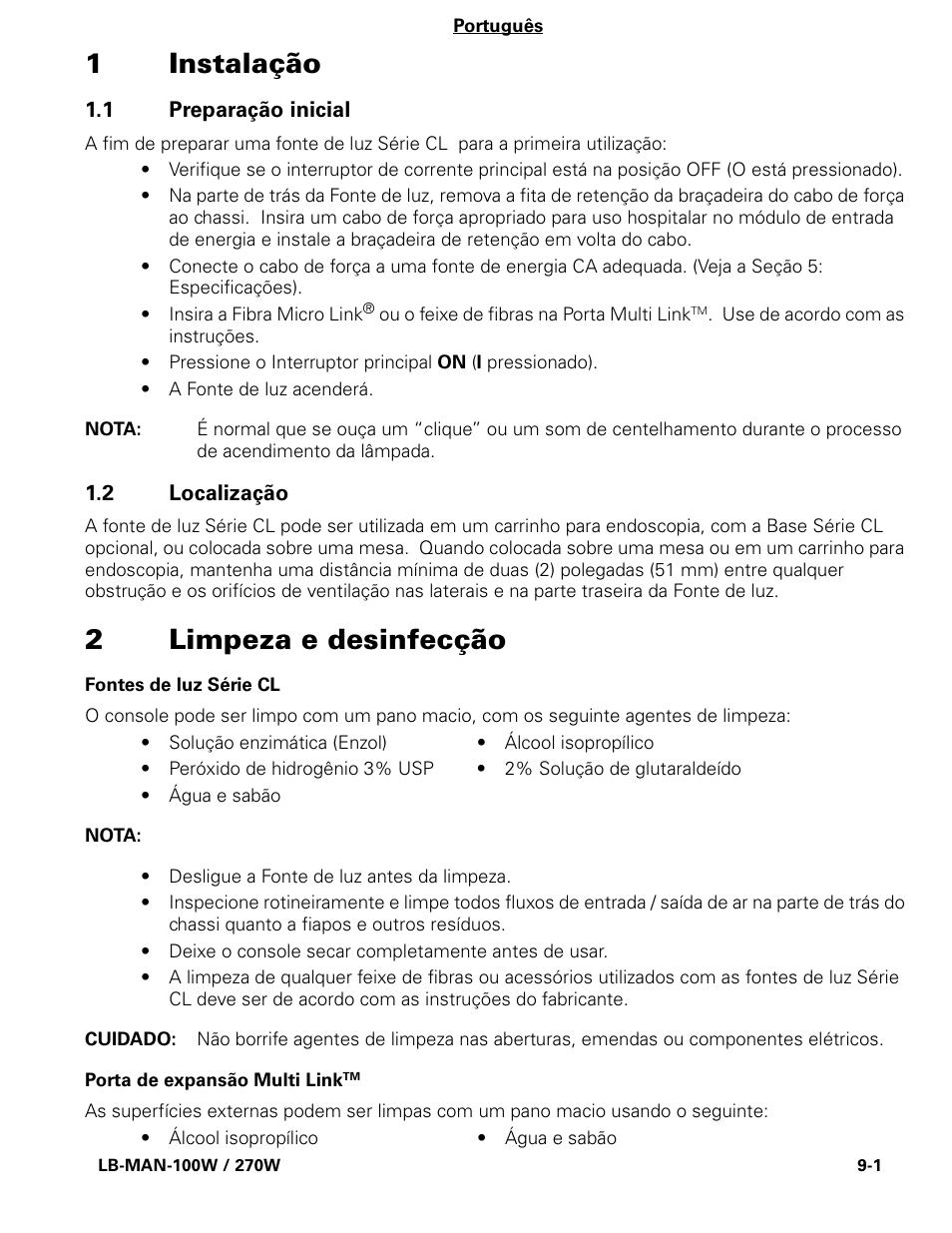 1instalação, 2limpeza e desinfecção | Welch Allyn CL300 Surgical IlluminatorCL - User Manual User Manual | Page 101 / 126