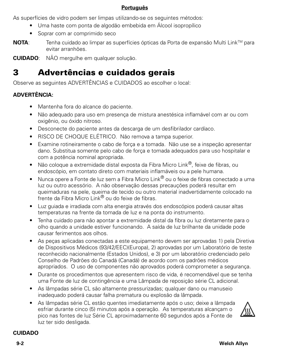 3advertências e cuidados gerais | Welch Allyn CL300 Surgical IlluminatorCL - User Manual User Manual | Page 102 / 126