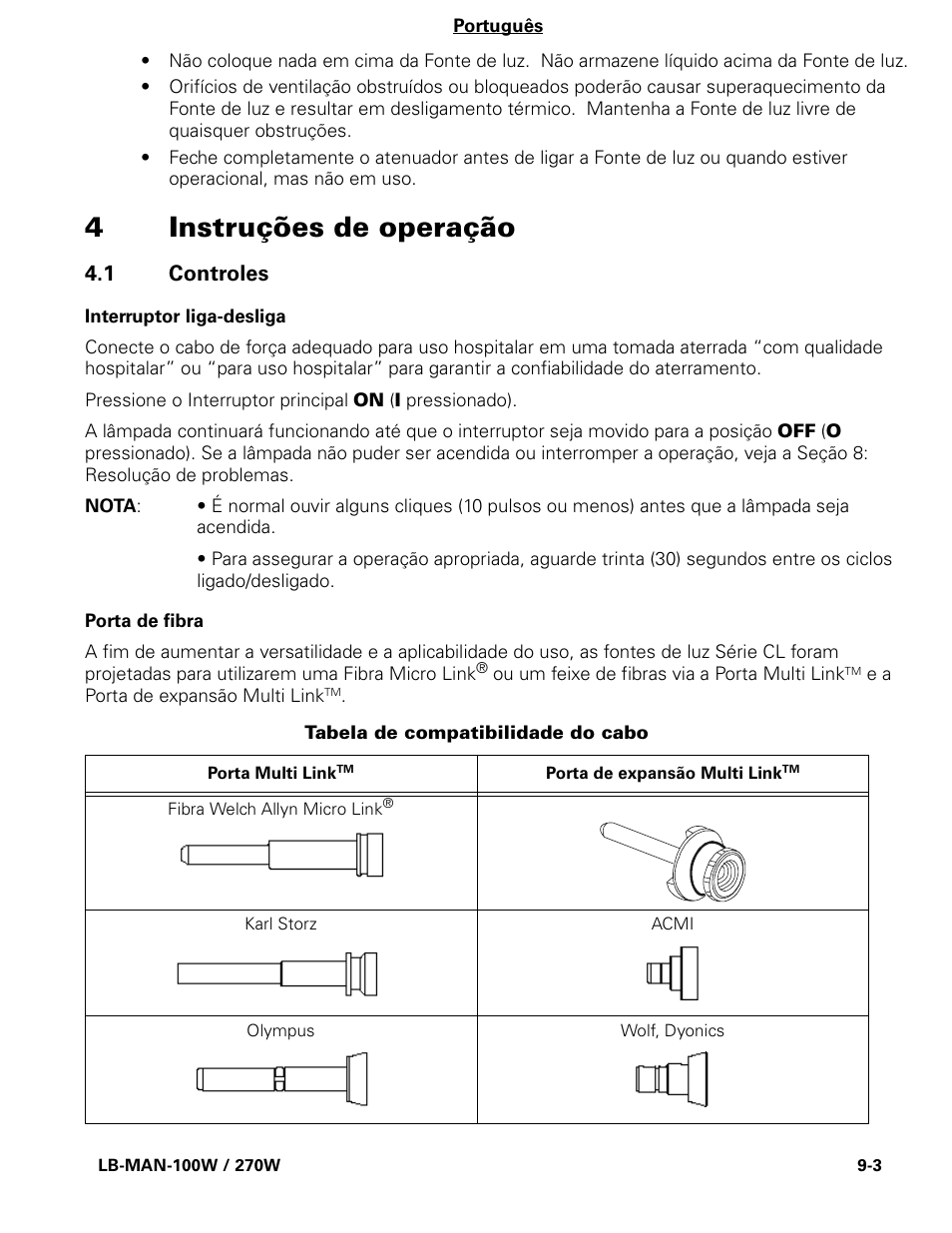 4instruções de operação, 1 controles | Welch Allyn CL300 Surgical IlluminatorCL - User Manual User Manual | Page 103 / 126