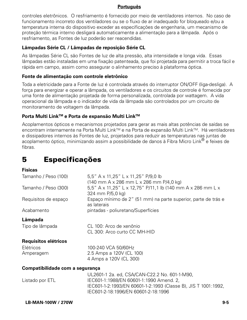 5especificações | Welch Allyn CL300 Surgical IlluminatorCL - User Manual User Manual | Page 105 / 126