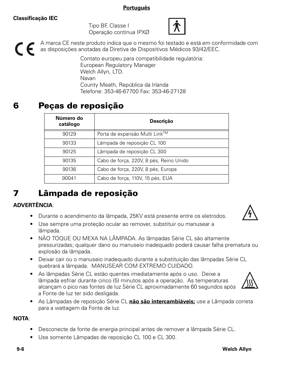 6peças de reposição 7 lâmpada de reposição | Welch Allyn CL300 Surgical IlluminatorCL - User Manual User Manual | Page 106 / 126