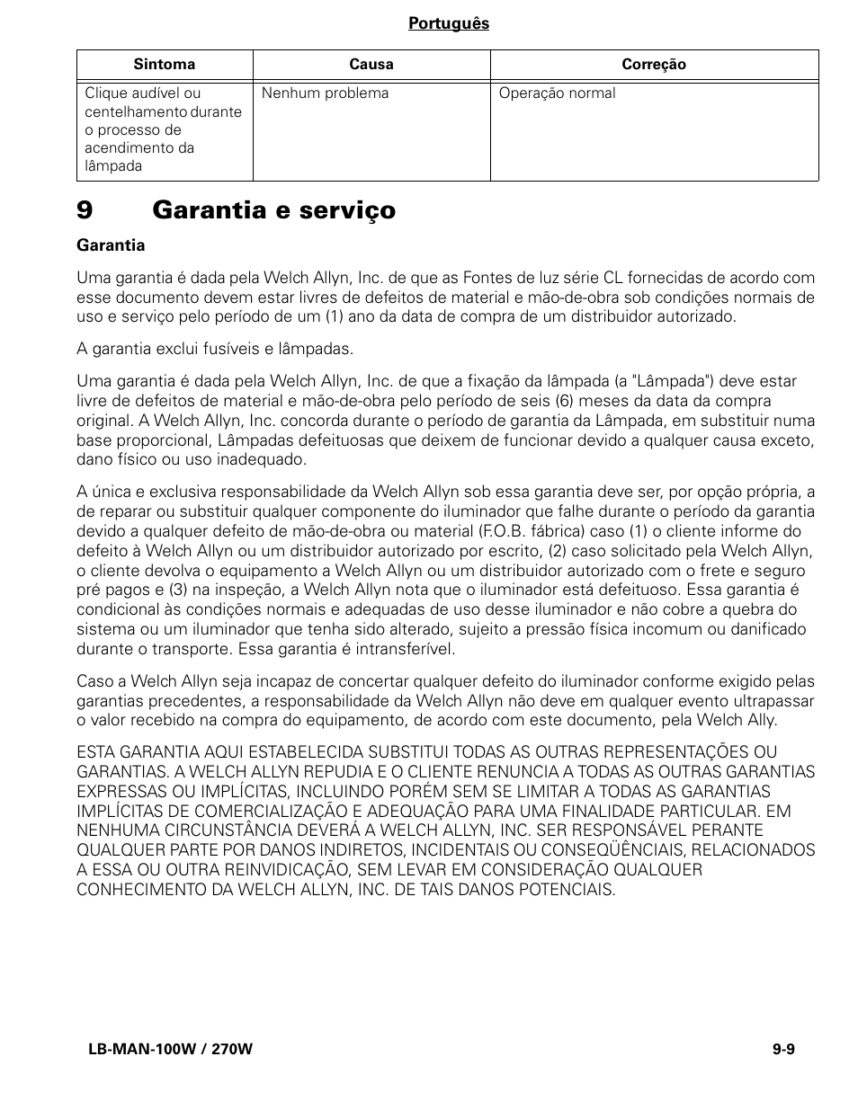 9garantia e serviço | Welch Allyn CL300 Surgical IlluminatorCL - User Manual User Manual | Page 109 / 126