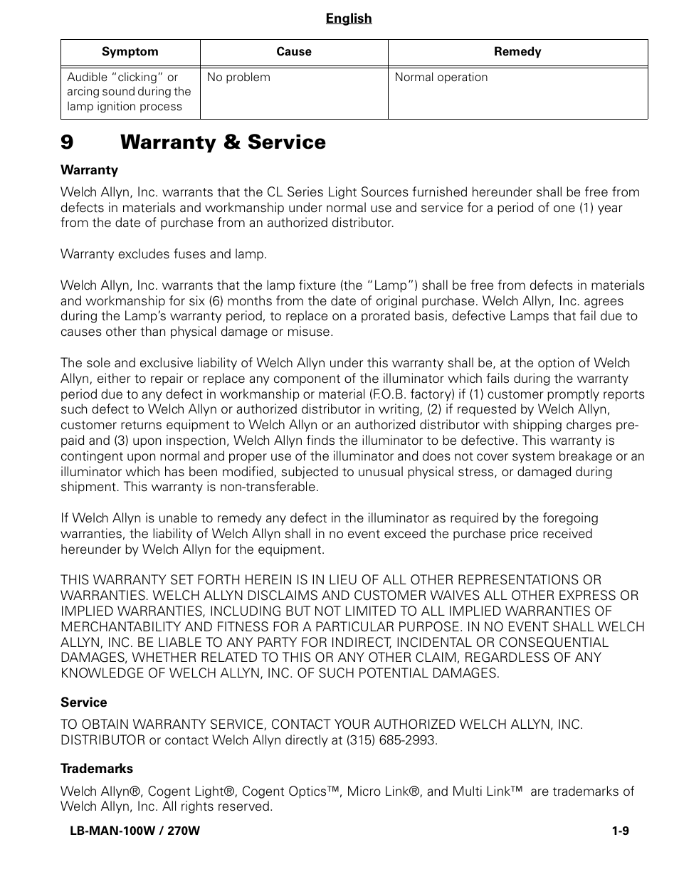 9warranty & service | Welch Allyn CL300 Surgical IlluminatorCL - User Manual User Manual | Page 11 / 126