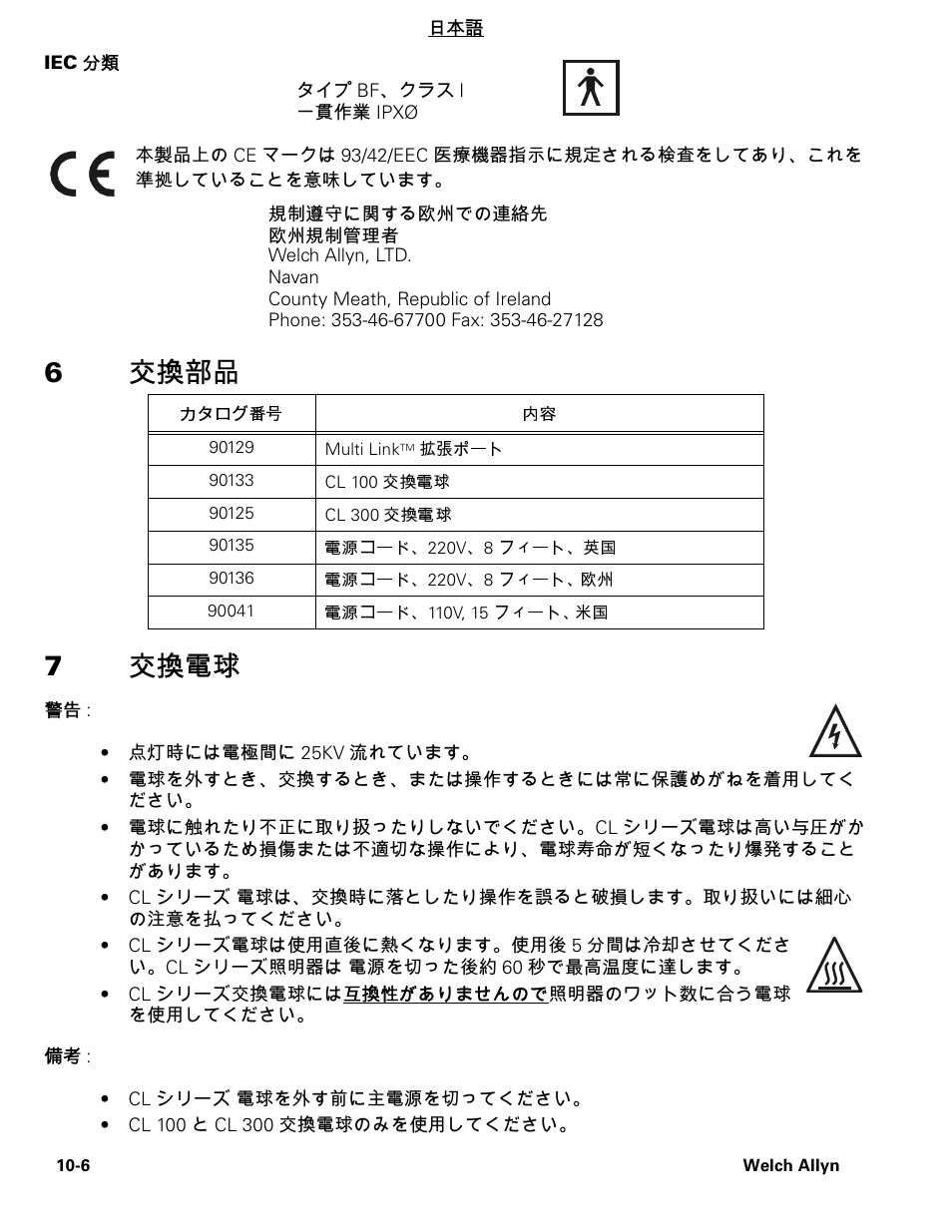 6交換部品 7 交換電球 | Welch Allyn CL300 Surgical IlluminatorCL - User Manual User Manual | Page 117 / 126