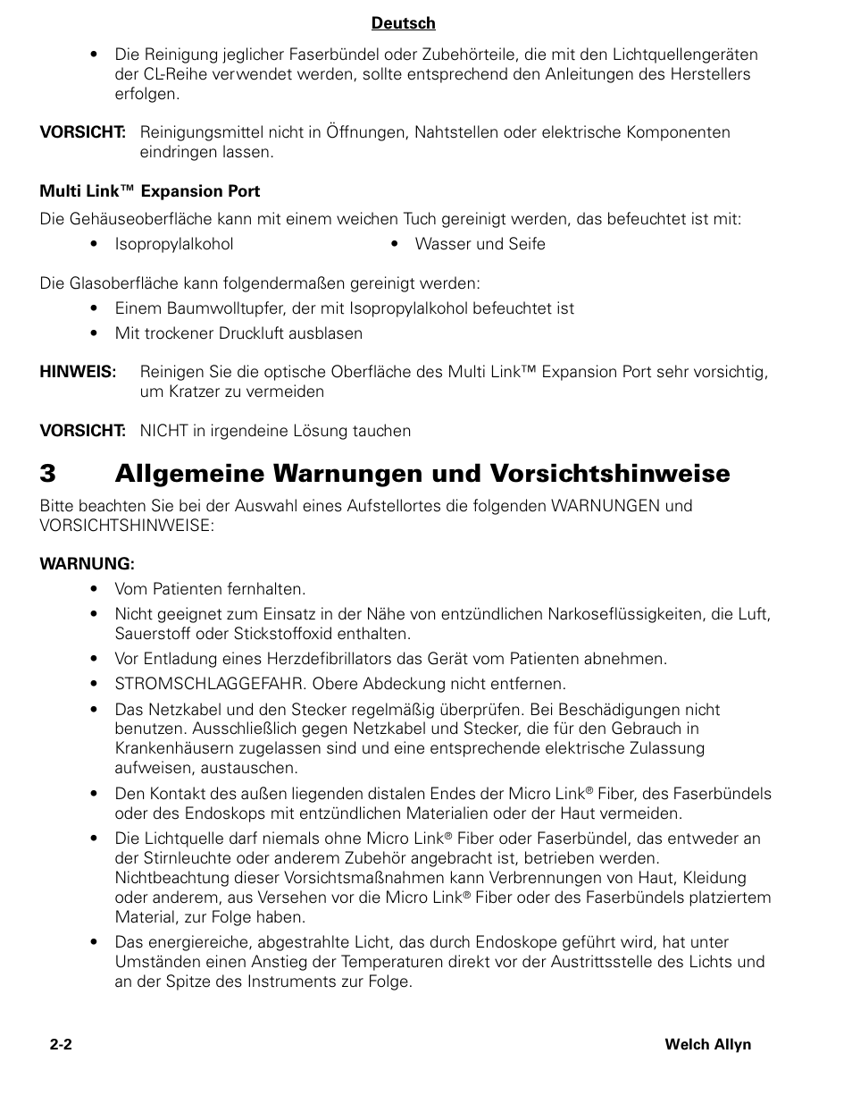 3allgemeine warnungen und vorsichtshinweise | Welch Allyn CL300 Surgical IlluminatorCL - User Manual User Manual | Page 15 / 126