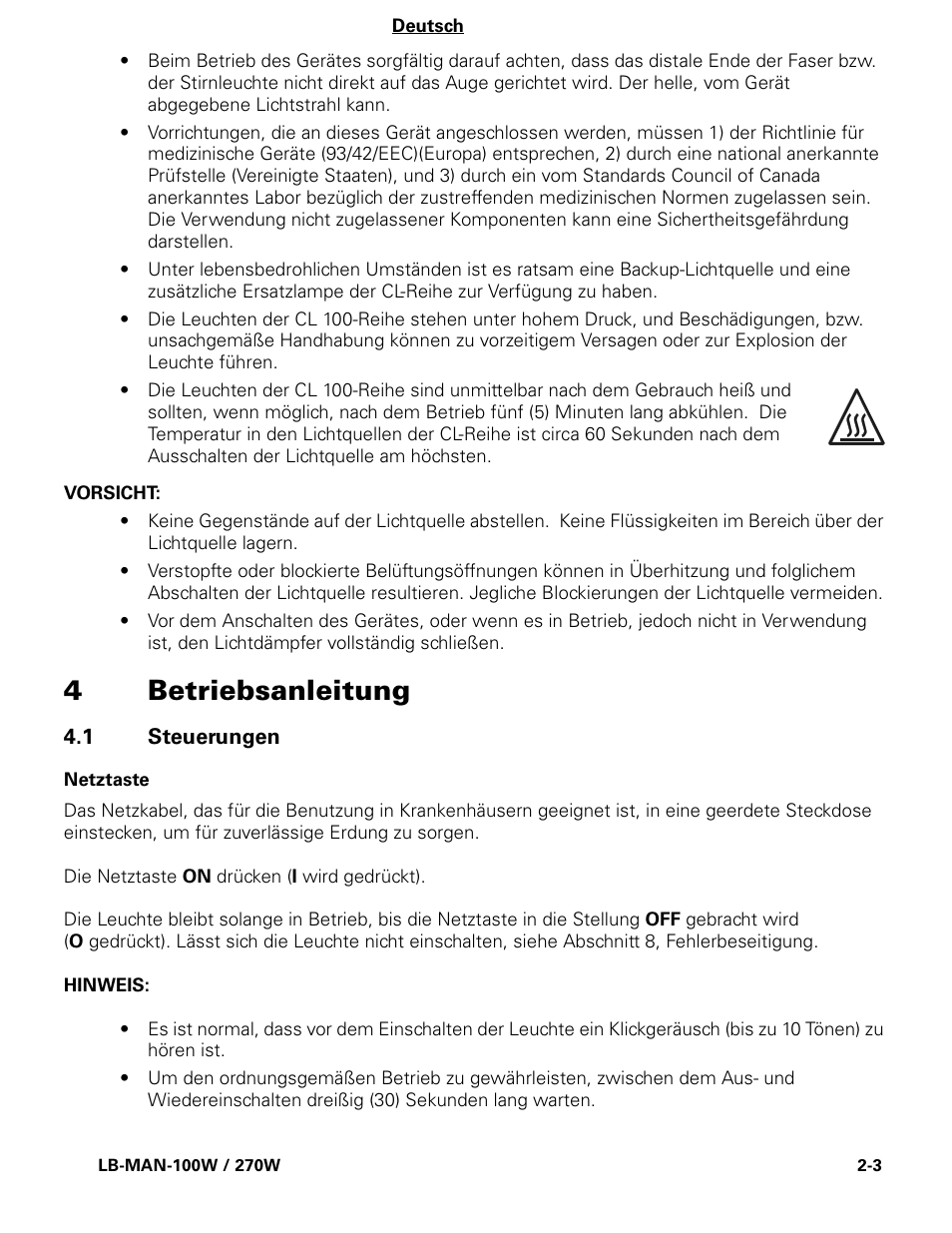 4betriebsanleitung | Welch Allyn CL300 Surgical IlluminatorCL - User Manual User Manual | Page 16 / 126