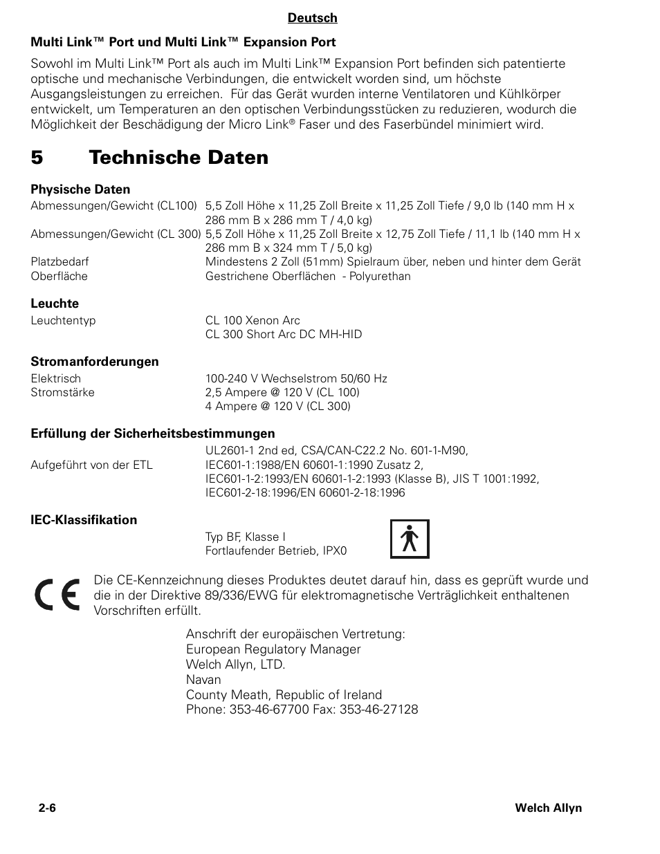 5technische daten | Welch Allyn CL300 Surgical IlluminatorCL - User Manual User Manual | Page 19 / 126