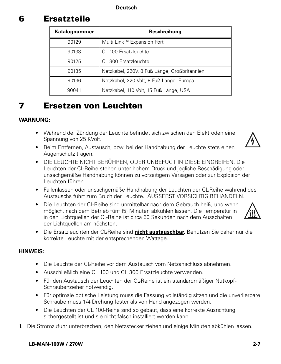 6ersatzteile 7 ersetzen von leuchten | Welch Allyn CL300 Surgical IlluminatorCL - User Manual User Manual | Page 20 / 126