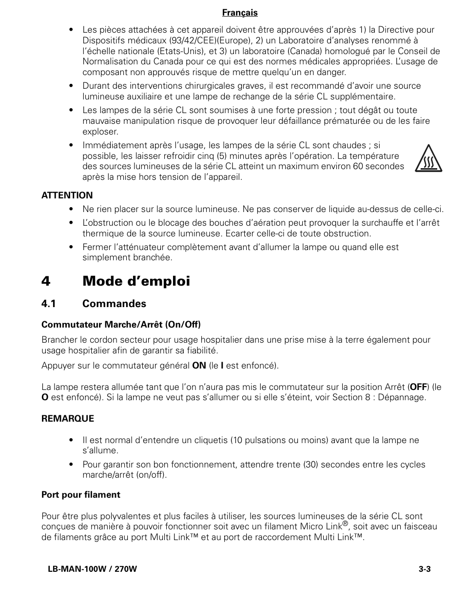 4mode d’emploi | Welch Allyn CL300 Surgical IlluminatorCL - User Manual User Manual | Page 29 / 126