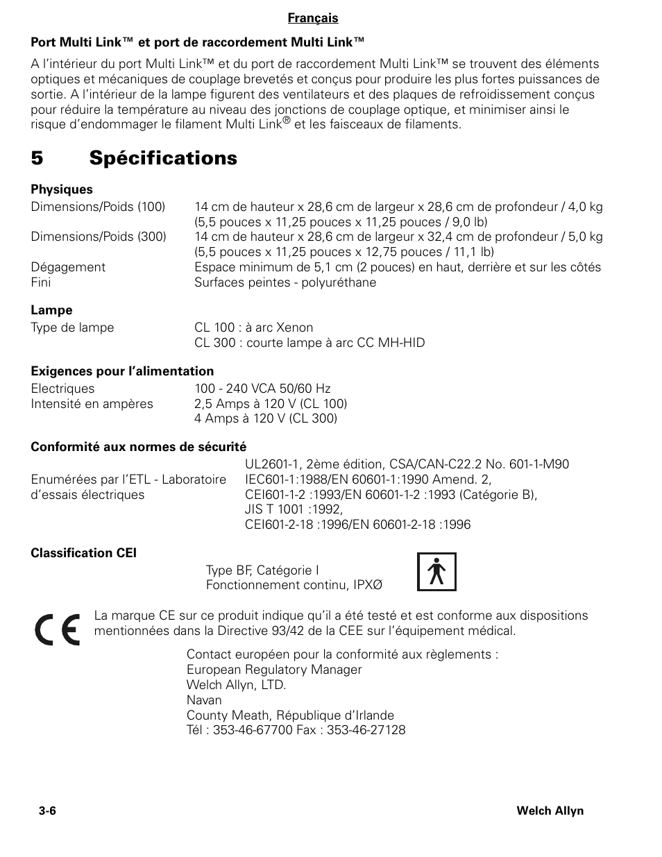 5spécifications | Welch Allyn CL300 Surgical IlluminatorCL - User Manual User Manual | Page 32 / 126