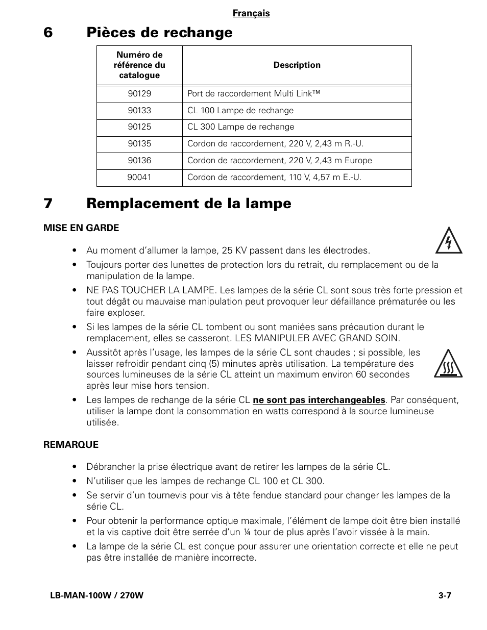 6pièces de rechange 7 remplacement de la lampe | Welch Allyn CL300 Surgical IlluminatorCL - User Manual User Manual | Page 33 / 126