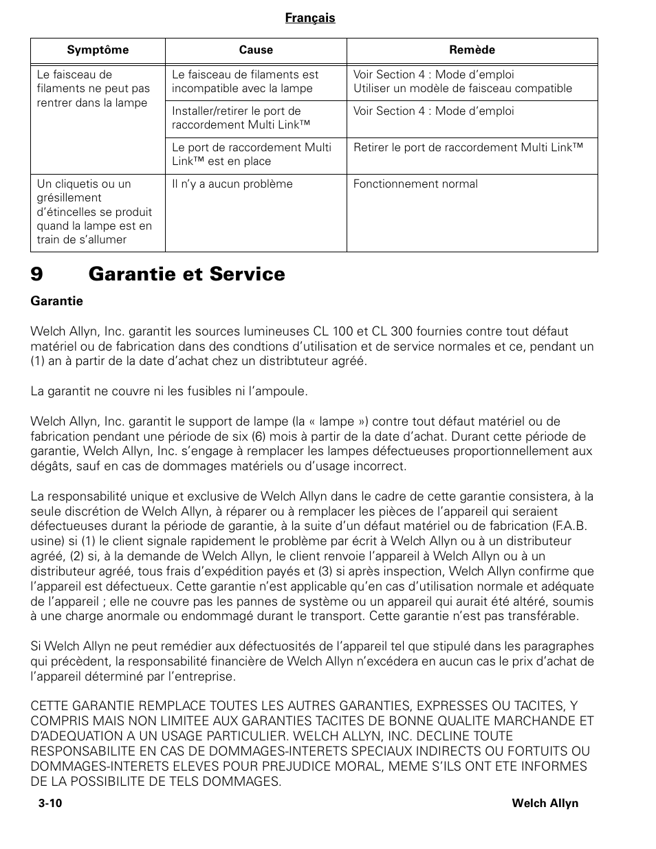 9garantie et service | Welch Allyn CL300 Surgical IlluminatorCL - User Manual User Manual | Page 36 / 126
