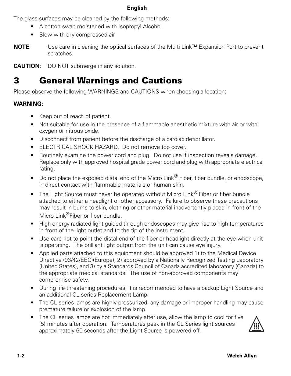 3general warnings and cautions | Welch Allyn CL300 Surgical IlluminatorCL - User Manual User Manual | Page 4 / 126